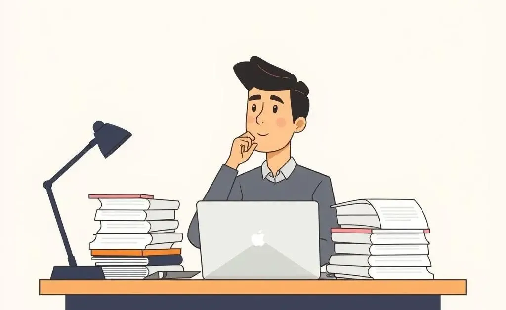 Person at a desk surrounded by claim files and a laptop, visually representing the journey of a claims adjuster.