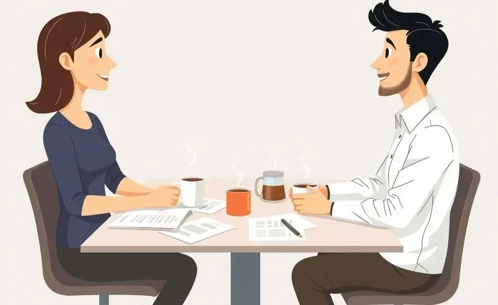 Two people discussing a co-owned home sale over a table