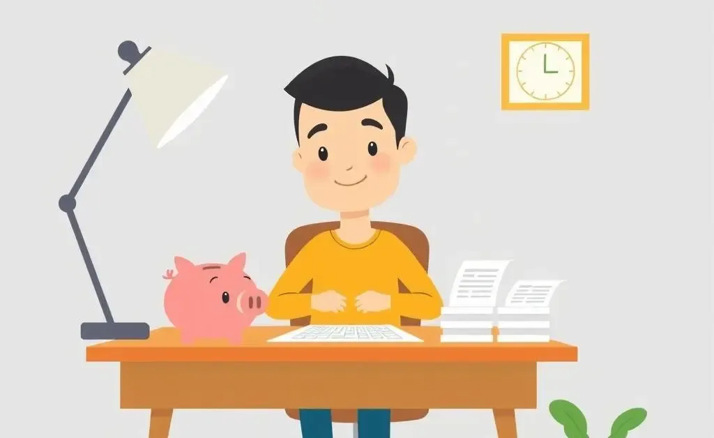 A person at a desk with a piggy bank and financial documents, feeling confident about saving