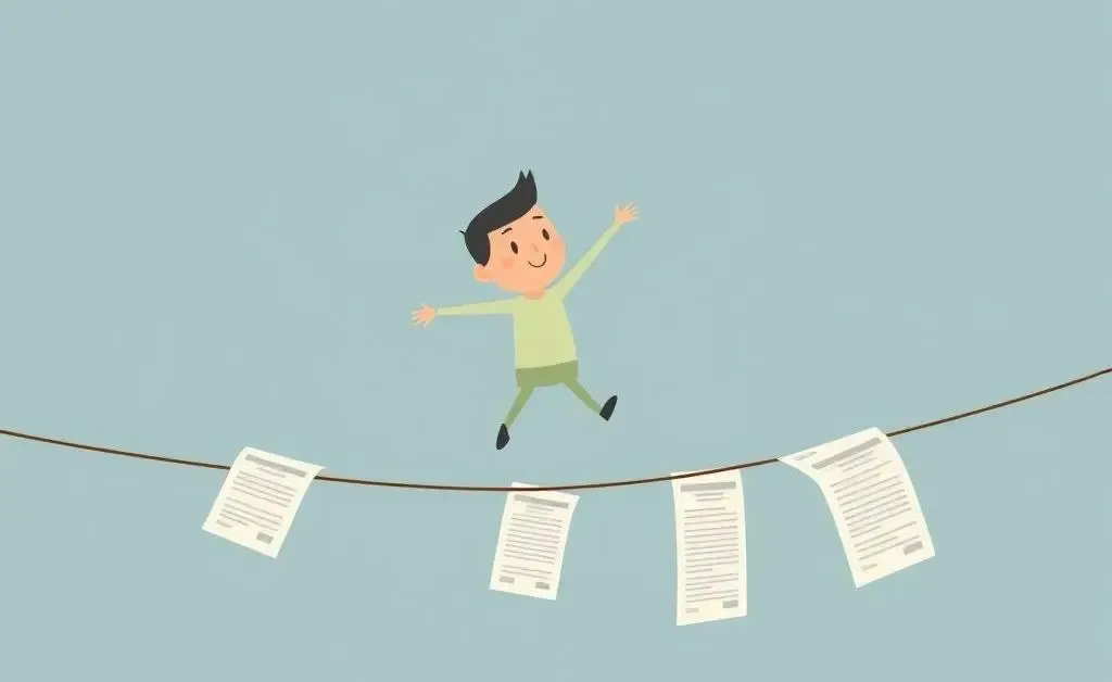 A cartoon character balancing on a tightrope made of receipts.