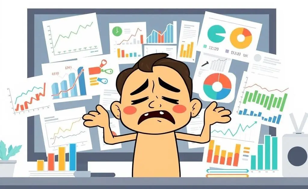Cartoon character buried under a pile of finance charts