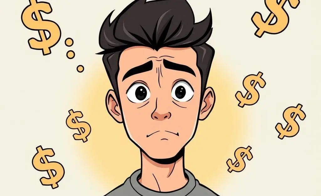 Young man puzzled by dollar symbols, representing financial confusion