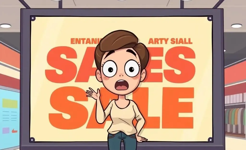 Cartoon woman reacts with wide eyes to a giant sales banner