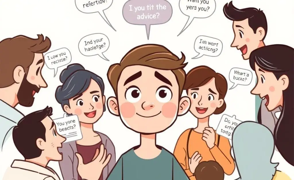 A character surrounded by people giving advice, looking both confused and amused.