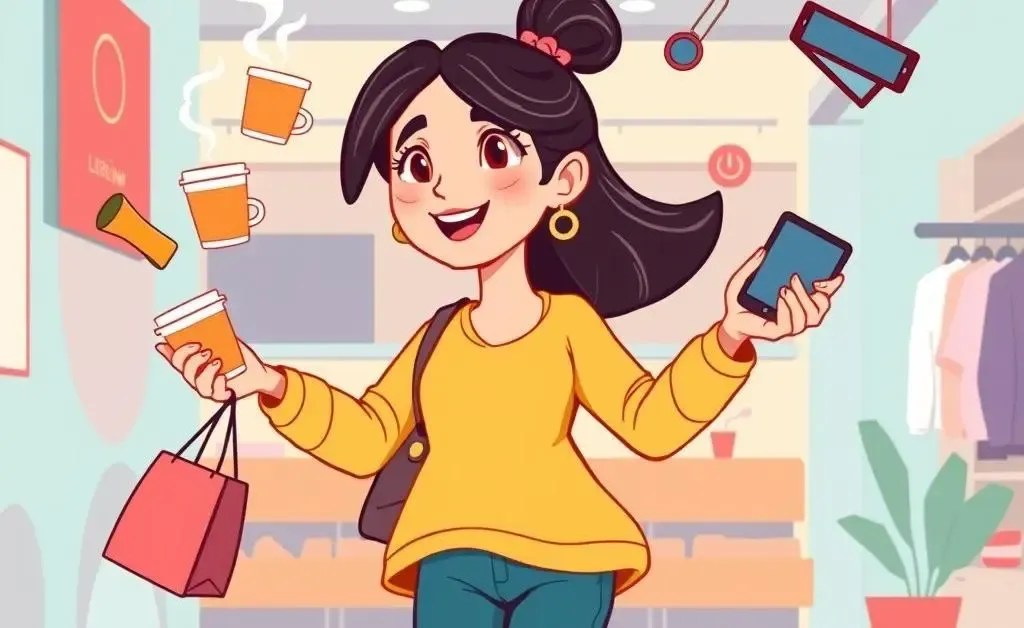 Cartoon of a woman juggling various impulse buys