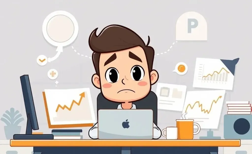 Max overwhelmed by messy stock portfolio charts at his computer