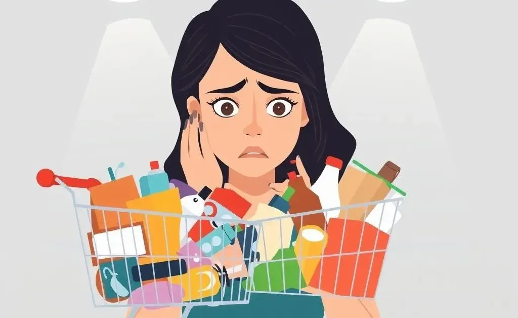 Woman staring at her overflowing online shopping cart