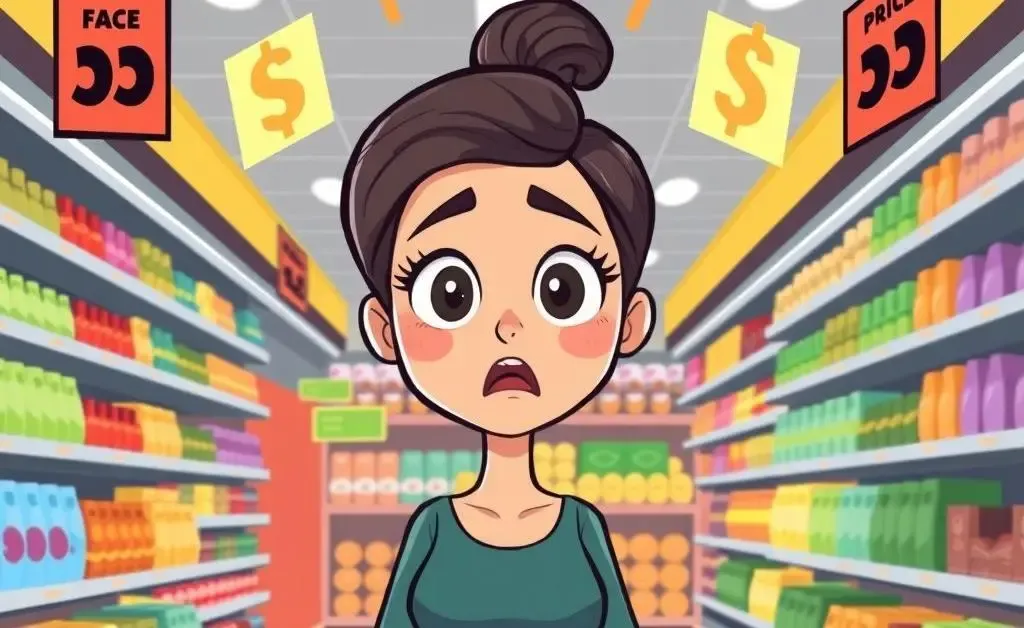 A cartoon woman in a grocery aisle, surprised at the rising prices.