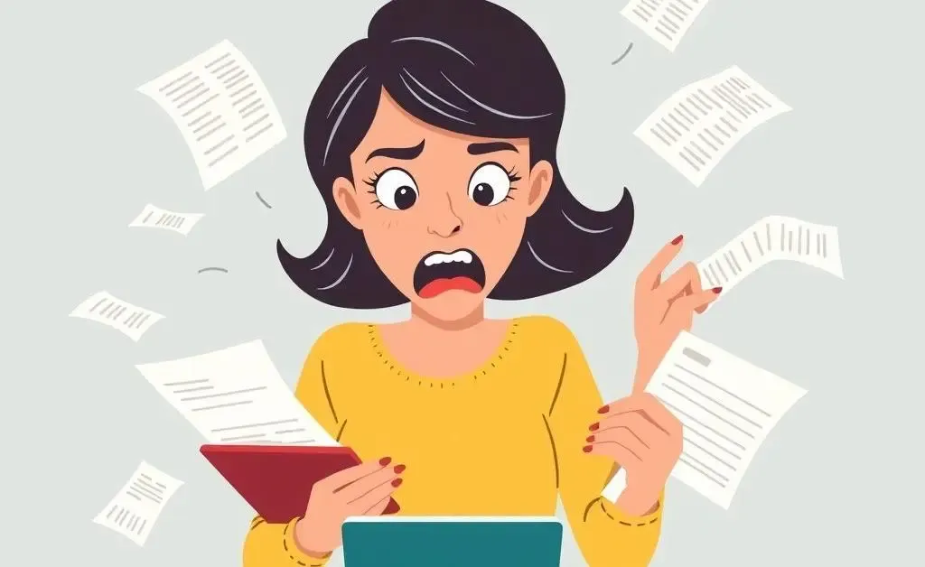A woman surrounded by receipts and a budget planner, looking overwhelmed