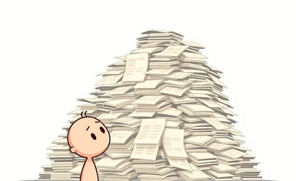 Cartoon character overwhelmed by receipts and invoices.