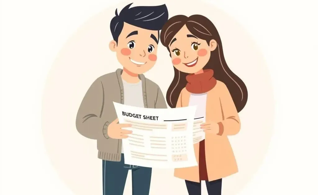 A couple smiling at a budget sheet, unsure but hopeful about the future
