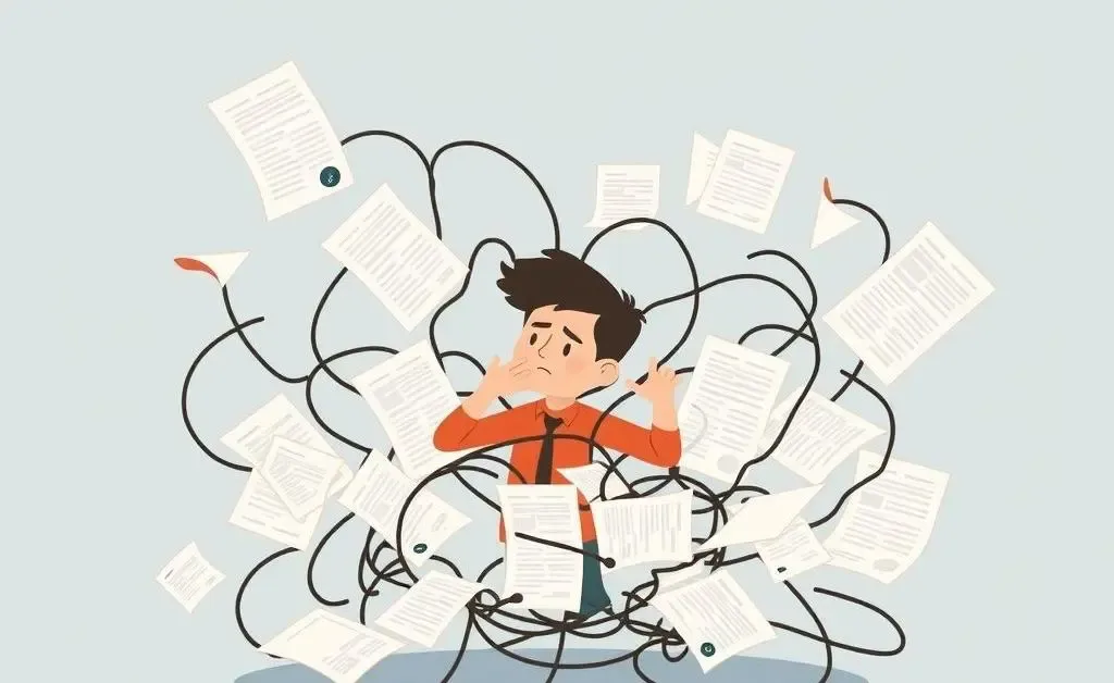 A person tangled in a web of health insurance papers, looking perplexed yet hopeful