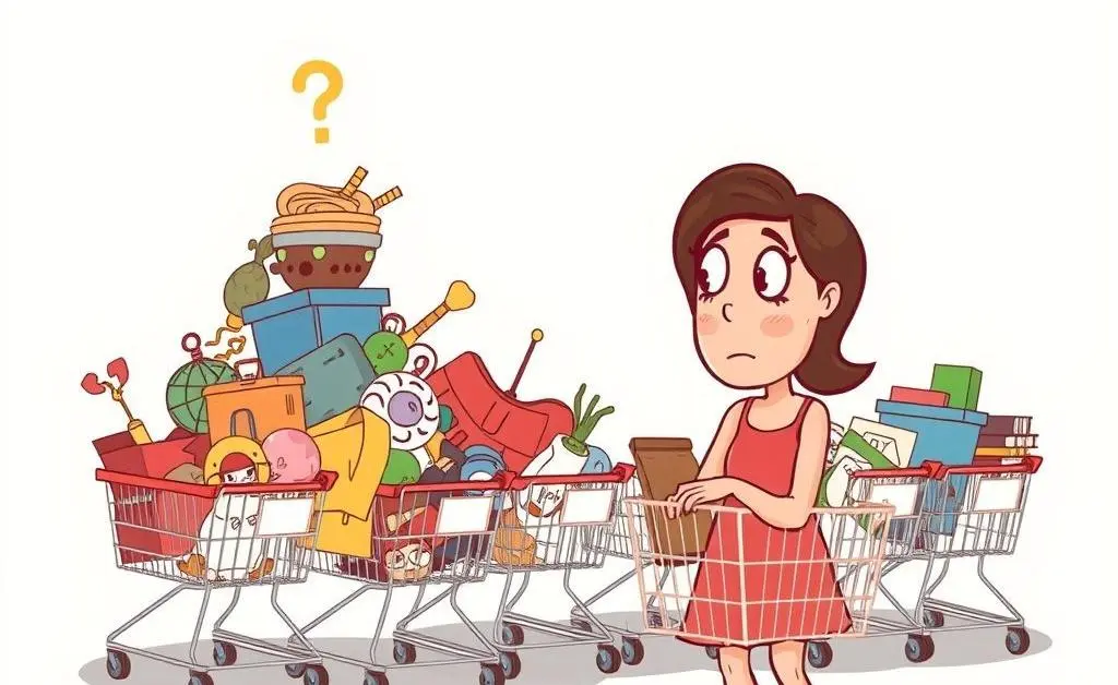 A humorous cartoon of a woman puzzled by stacks of overfilled shopping carts.