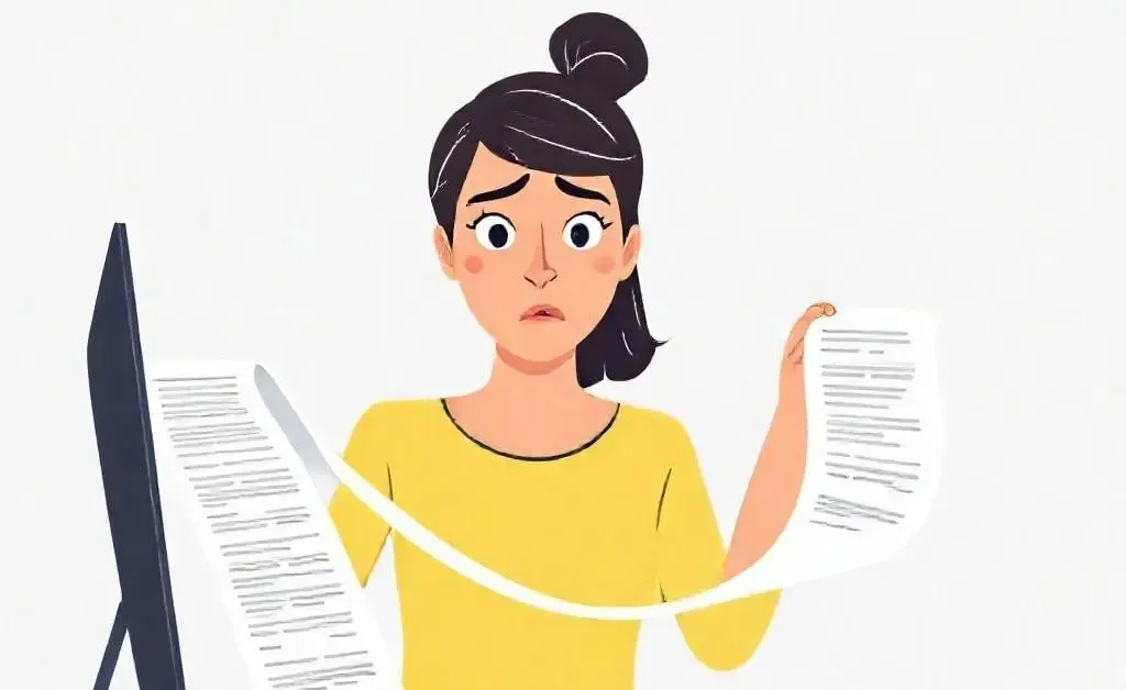 A woman looks confused as a long receipt emerges from her computer.