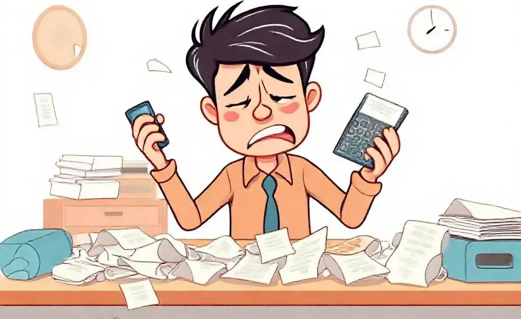 A humorous cartoon of a person tangled in budgeting chaos with a calculator and scattered paper