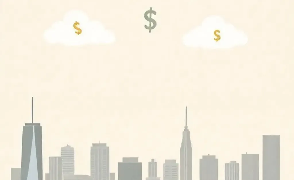 A cartoon cityscape with money symbols in the clouds