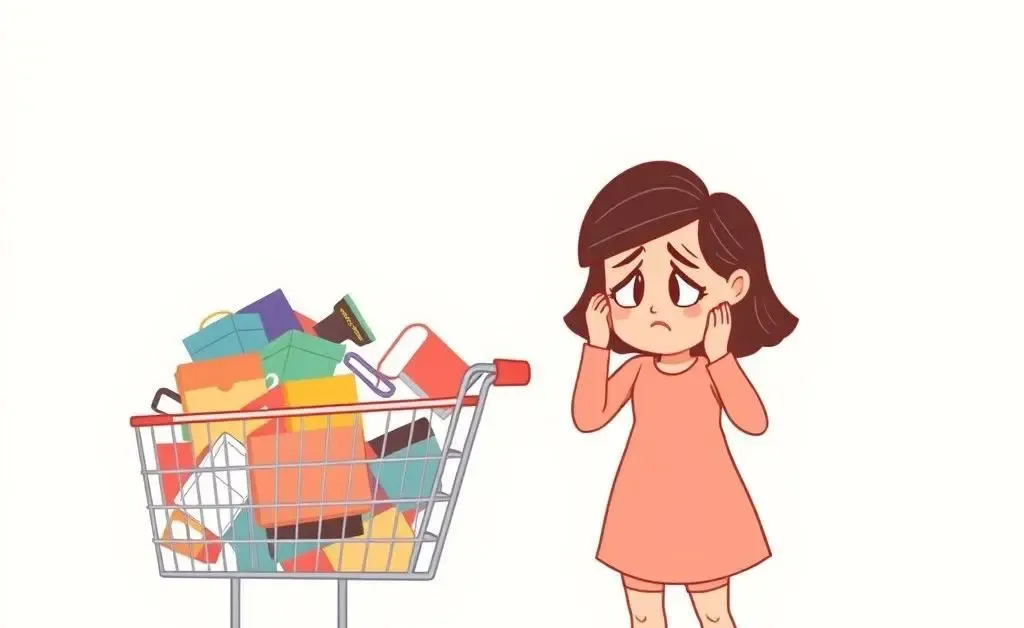 A stressed cartoon woman with an overflowing online shopping cart