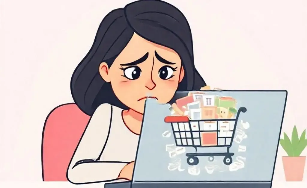 Cartoon woman overwhelmed by online shopping cart