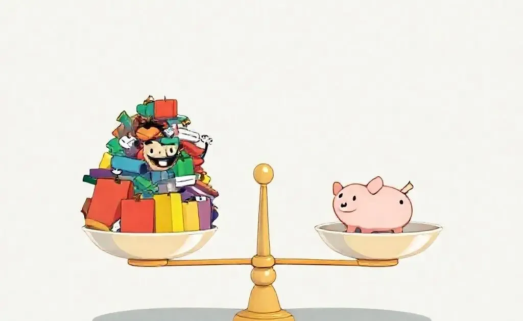 A character trying to balance shopping bags and a piggy bank on scales