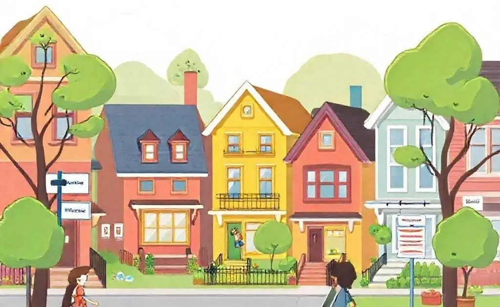 A cartoon scene with exaggerated real estate antics