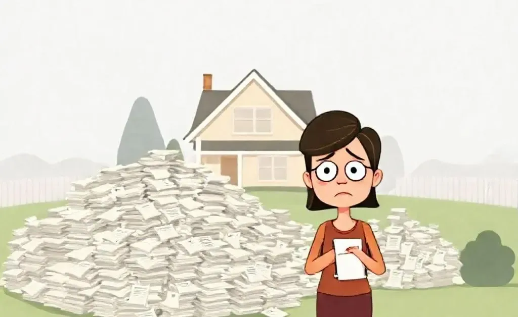 Woman surrounded by bills with a house in the background