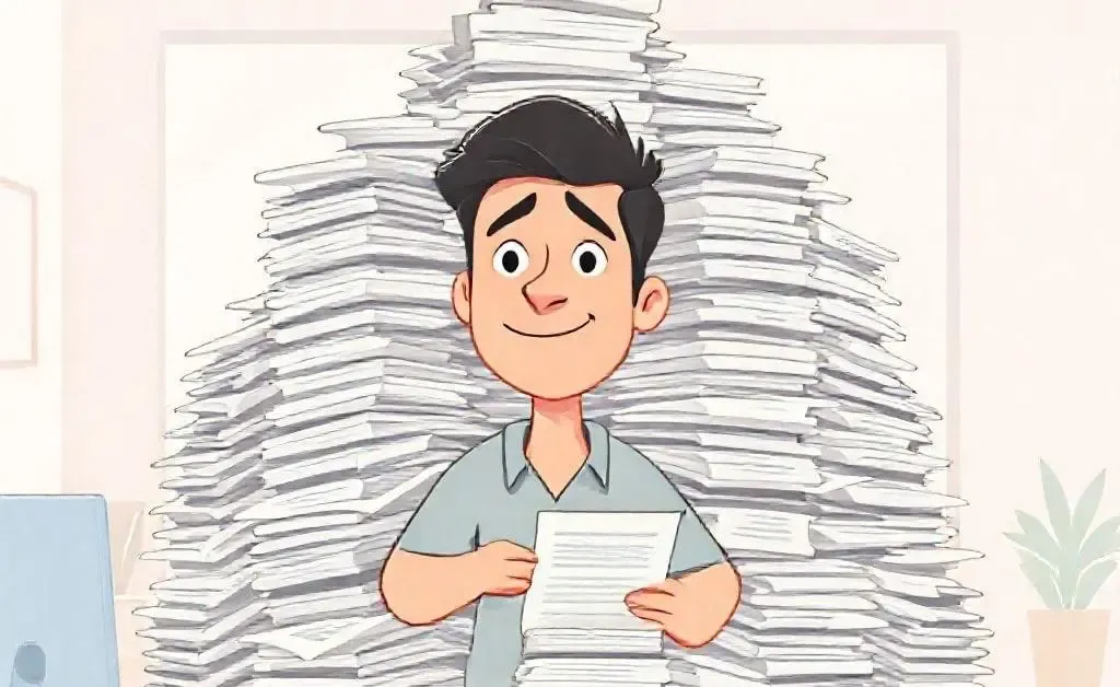 A person surrounded by many health insurance plans, looking both confused and amused.
