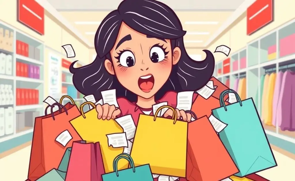 A woman overwhelmed with shopping bags and long receipts