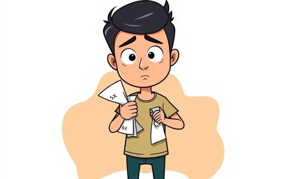 A confused character holding a mountain of receipts, surrounded by thought bubbles of various expenses