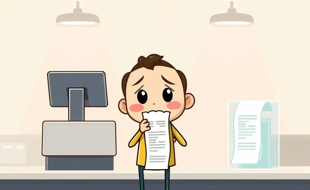 A cartoon character looking baffled at a long receipt at checkout