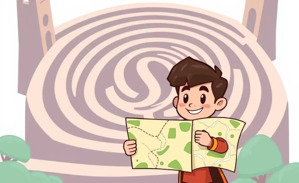 A cartoon hero holding a budget map, staring at a labyrinth