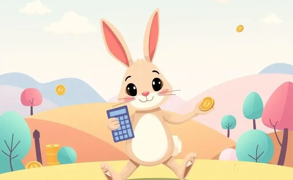 A cartoon bunny with a calculator surrounded by coins