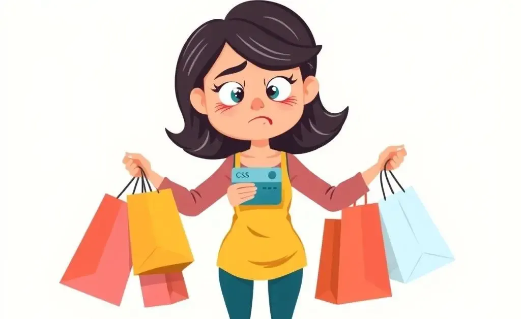 A cartoon woman struggling with too many shopping bags and a credit card