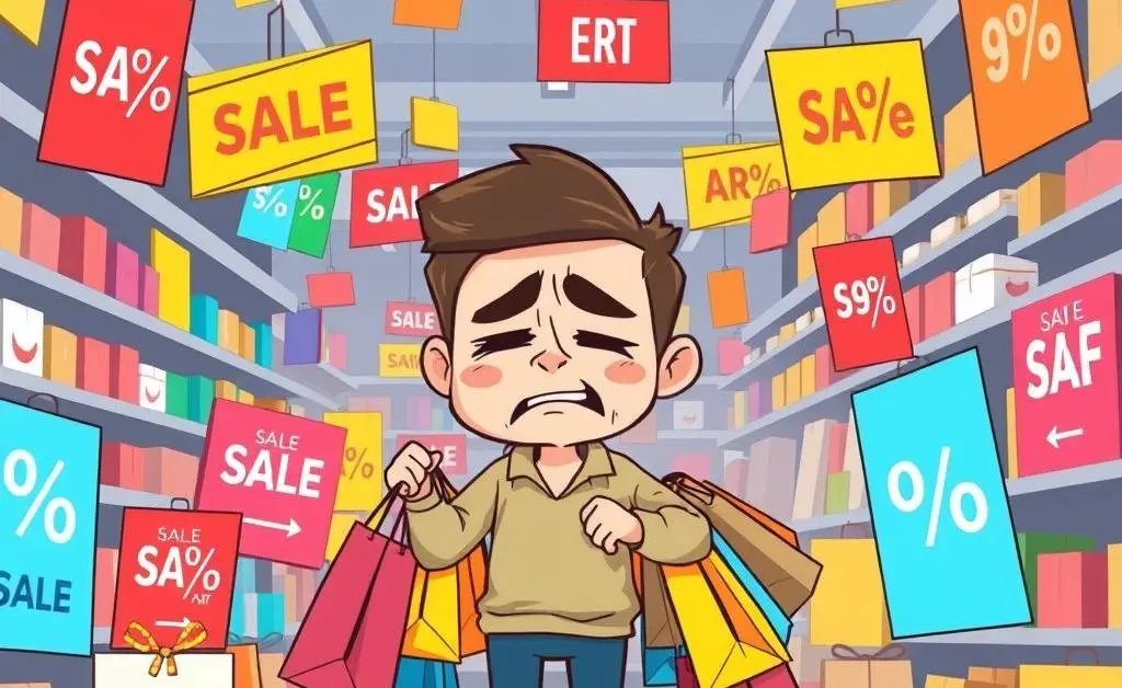 Cartoon of a person surrounded by shopping choices and sale signs