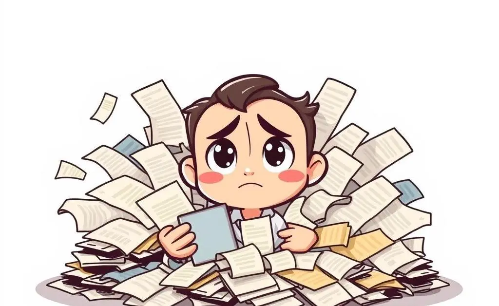 A cartoon character overwhelmed by bills and expenses