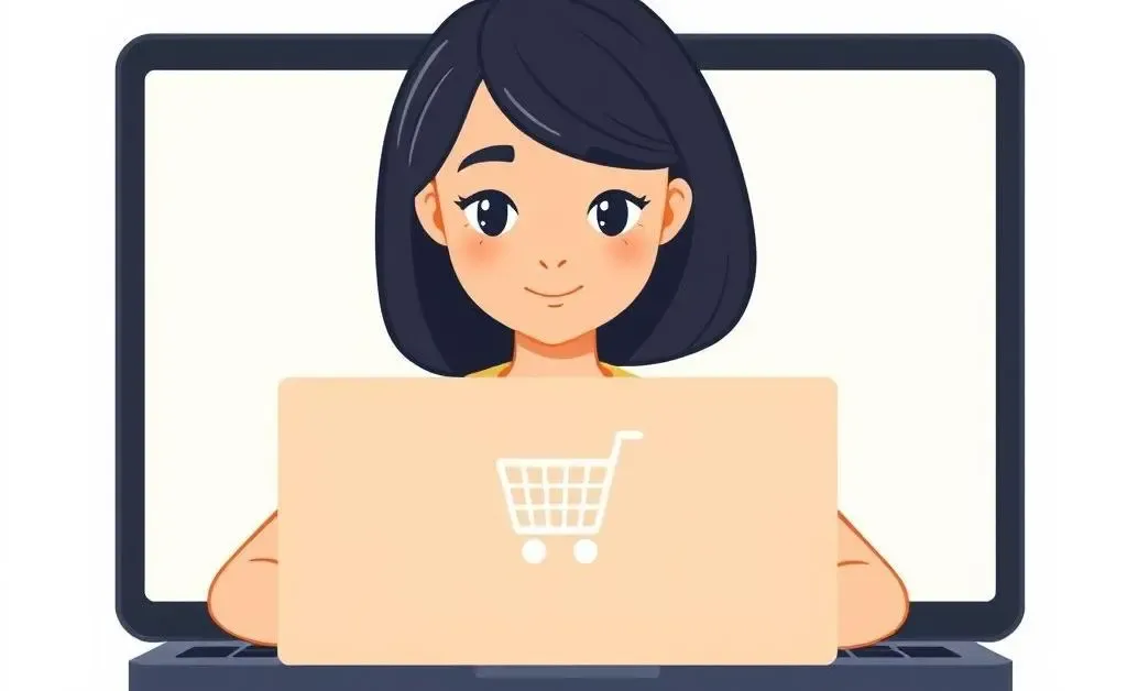 A cartoon woman baffled by a growing shopping cart on her laptop screen.