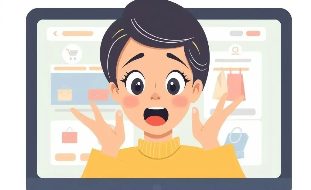 A woman looking shocked at her online shopping cart total