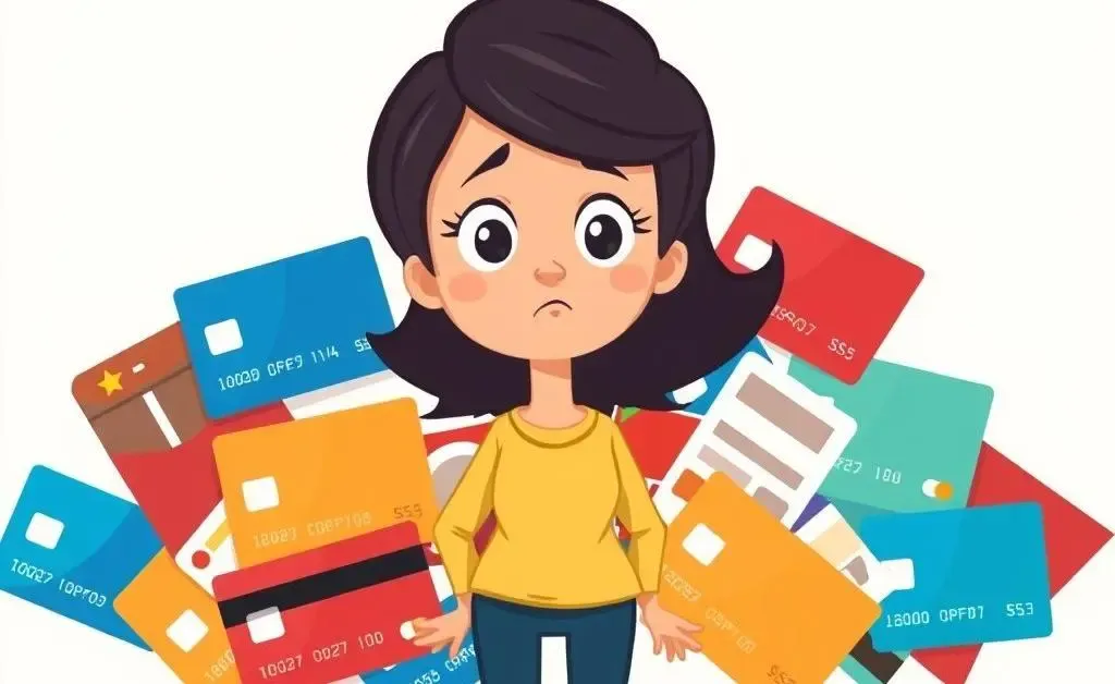 A cartoon woman looking puzzled surrounded by credit card offers