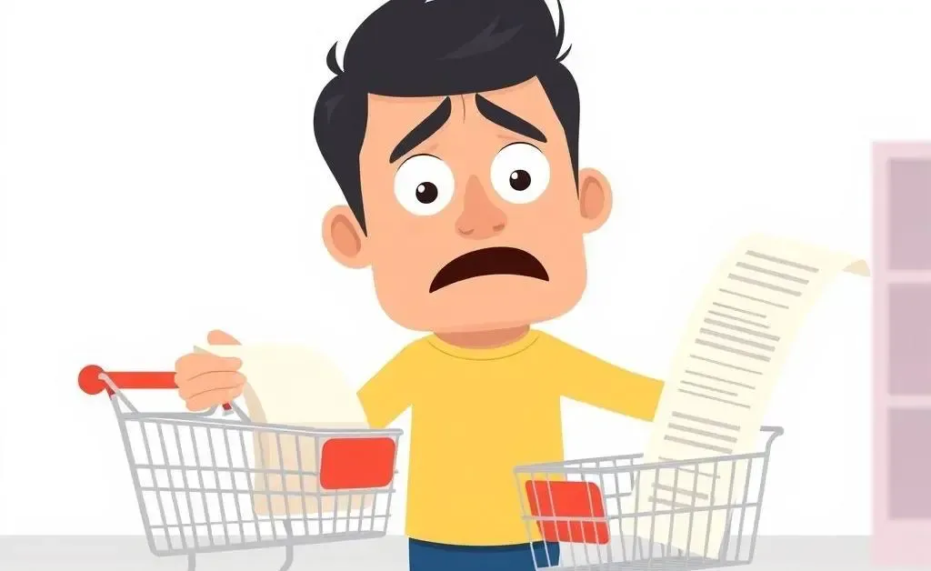 A man looking confused at a long receipt while holding a tiny shopping cart