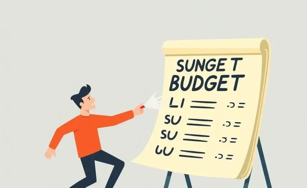 A whimsical battle between a person and a towering budget list.