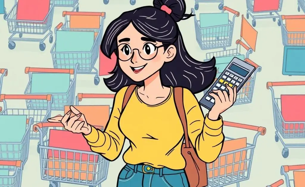 A woman determinedly navigating between towering shopping carts, calculator in tow