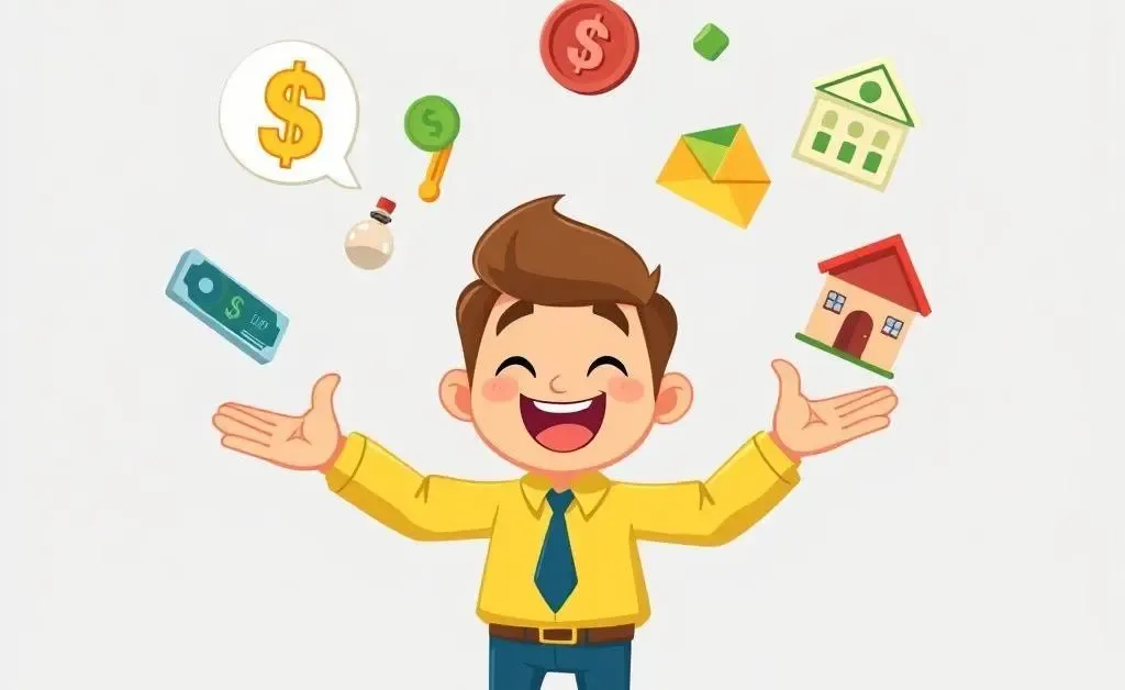 A cartoon character juggling investment tools humorously