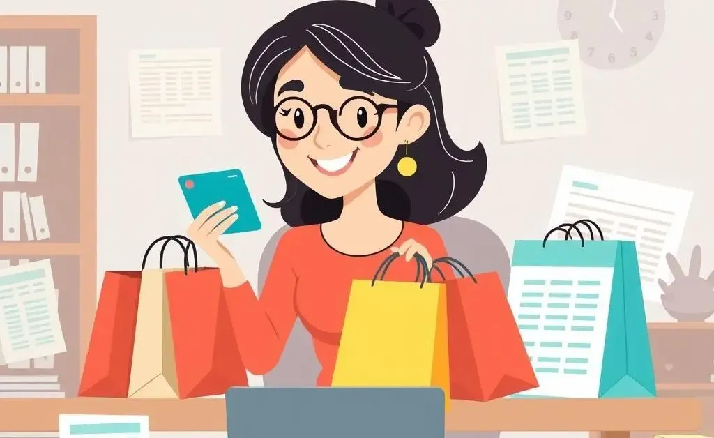 A woman enthusiastically online shopping with a chaotic scene of bags and budget spreadsheets around her