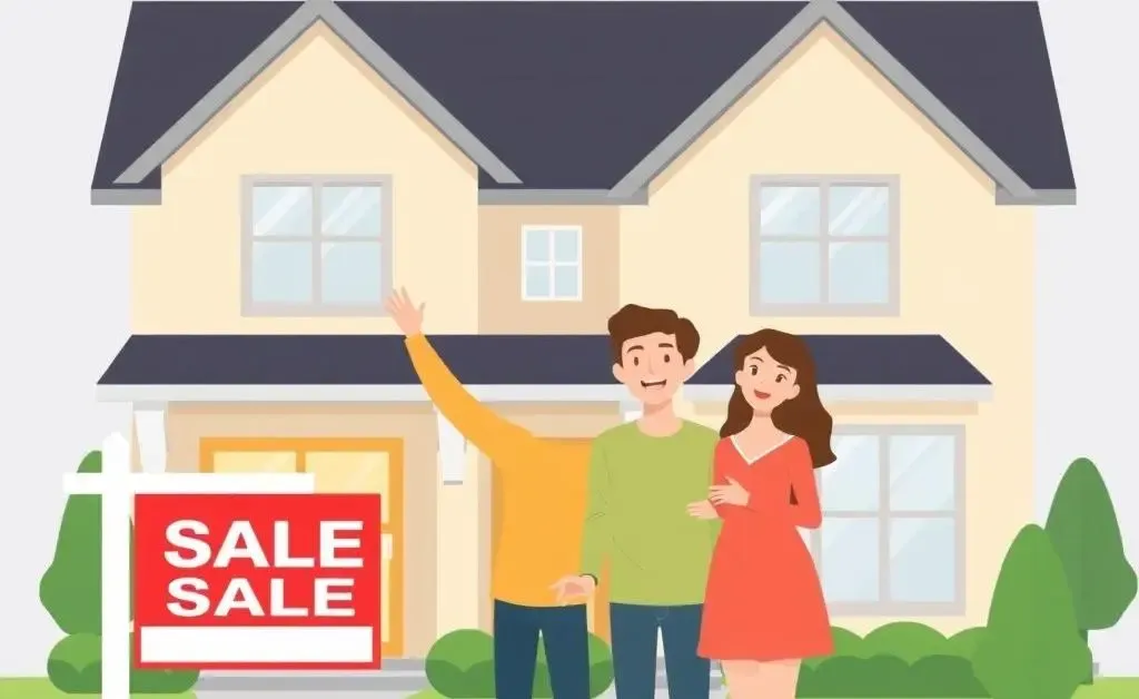 A young couple excitedly looking at a house for sale with a real estate sign.