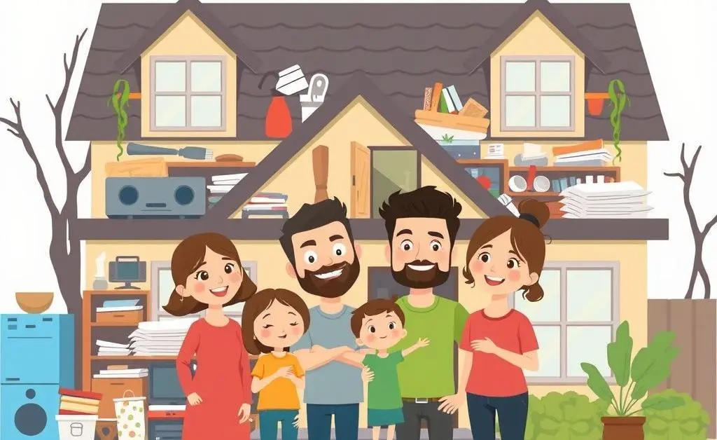 A family awkwardly smiles in front of their hoarded house, full of items they don’t need.