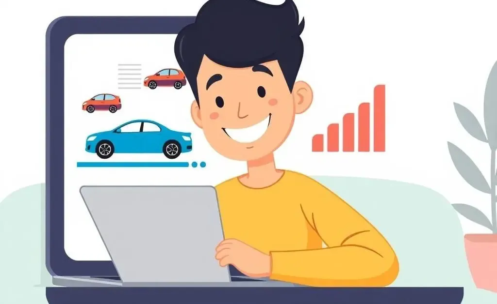 A person comparing car insurance options on a laptop with icons of cars and dollar signs