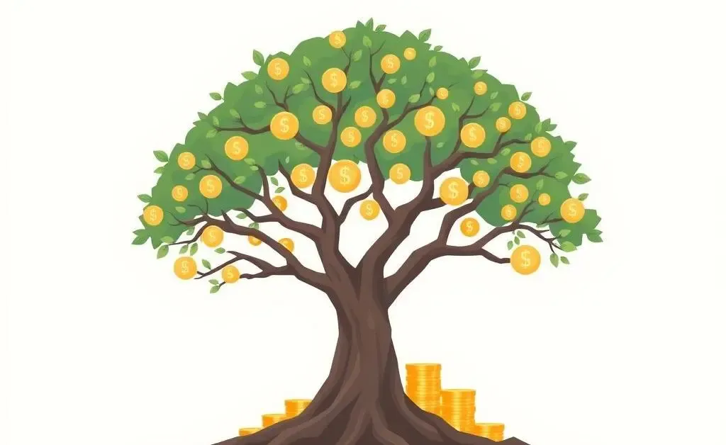 A tree growing coins symbolizing compounding interest.