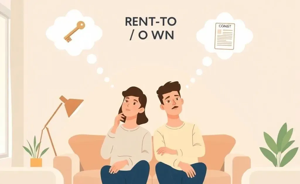Couple deciding on a rent-to-own condo with thought bubbles