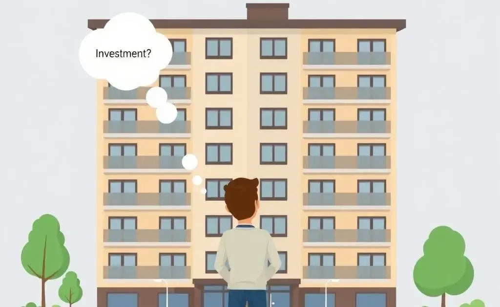 Person pondering in front of a condo building.