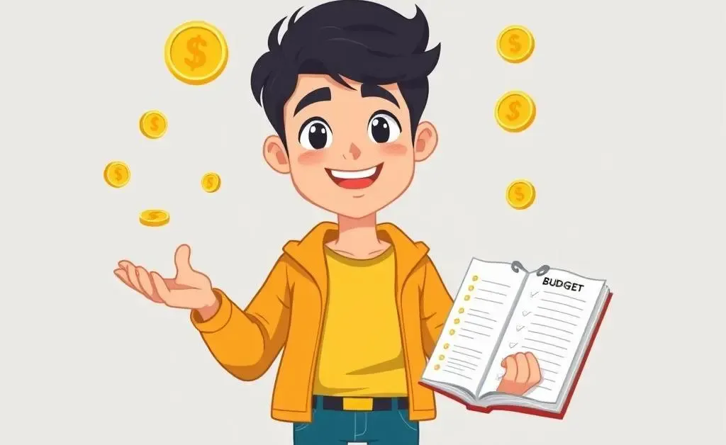 A young adult confidently juggling coins and a budget book.