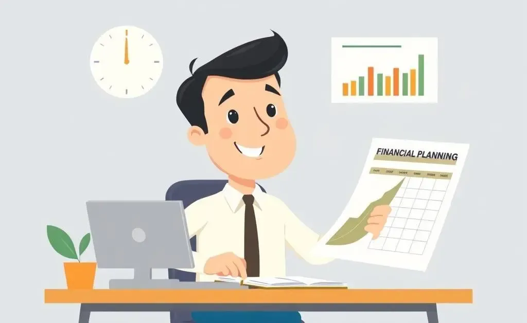 Person confidently looking at a financial planning chart on a desk with a laptop and coffee mug